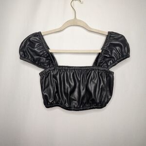 Glassons Womens Black Faux Leather Milkmaid Ruched Bustier Crop Top 8 M